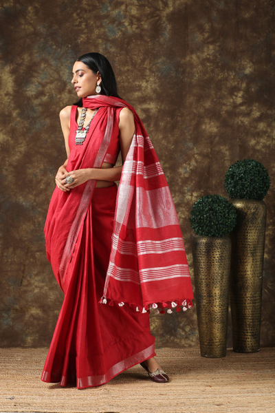 Linin cotton saree red